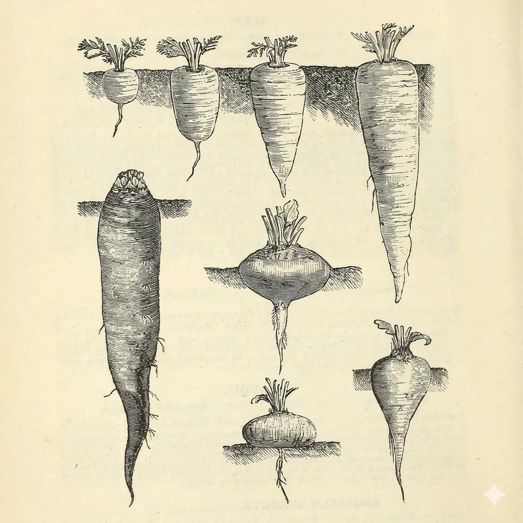 Botanical plate — Root vegetables (carrots, beet, turnip), from the Biodiversity Heritage Library.